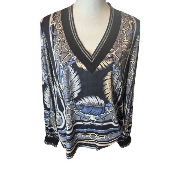 Hale Bob Multi Color Feather V-Neck Blouse Designer Sz Large - Picture 1 of 5